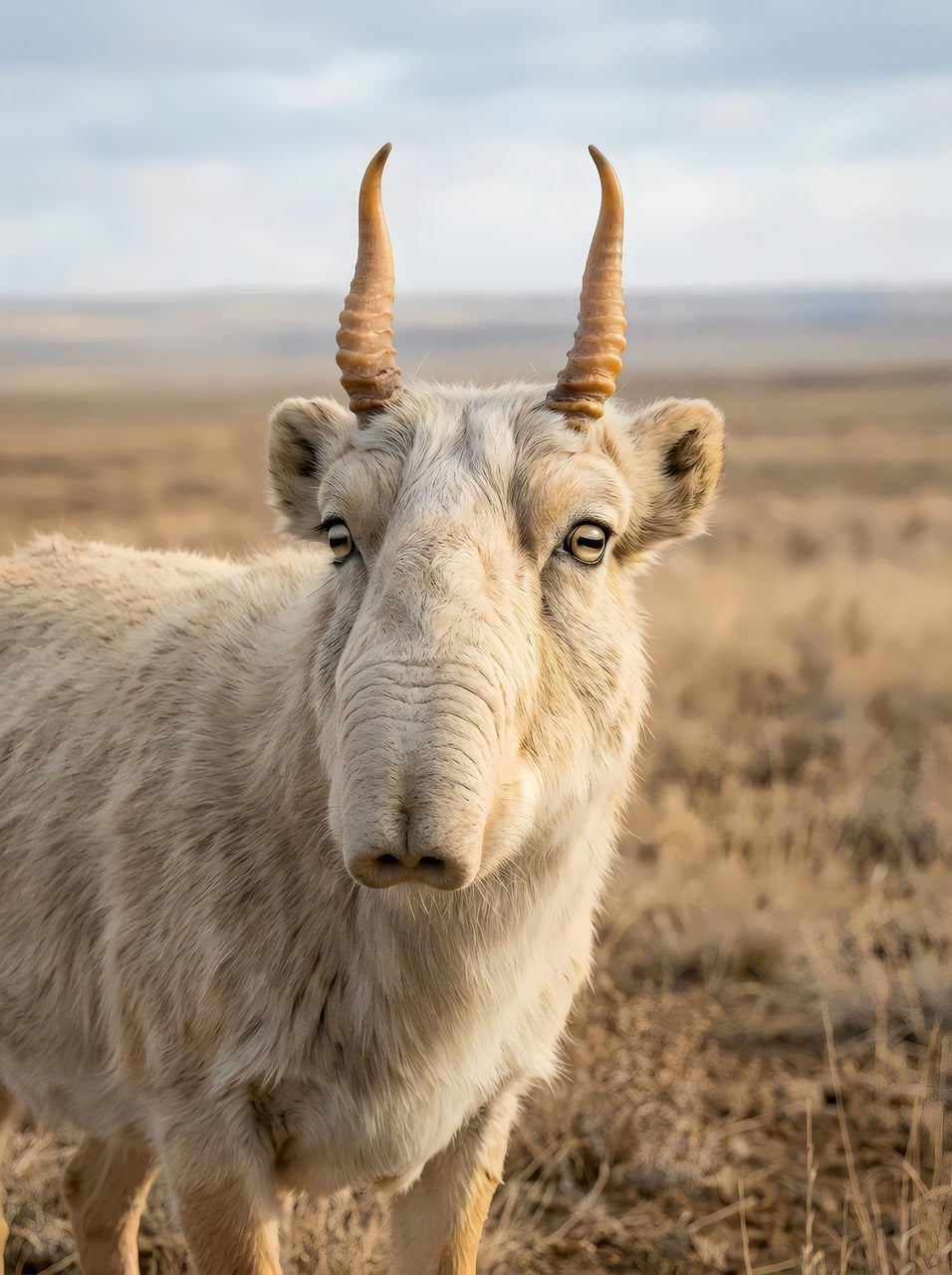 saiga, antelope, animal, wildlife, steppe, grassland, desert, horns, nose, proboscis, endangered, rare, mammal, nature, wild, outdoor, habitat, eurasia, creature, protection, conservation, gaze, unique, standing, ai generated